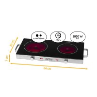 TZS First Austria Kochplatte Doppel elektrisch mit 20cm und 16,5cm Kochfeld, jedes Kochgeschirr geeignet, 300 &deg;C in 30 Sek. | mit Tragegriffe, infrarot Doppelkochplatte | Metallgeh&auml;use, 2800W