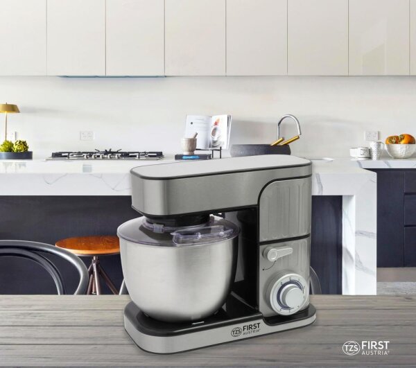 TZS First Austria Profi K&uuml;chenmaschine 1300 W, 5 L Beh&auml;lter, 6 Geschwindigkeiten, Knetmaschine, K&uuml;chenmaschine mit Knetfunktion, Standmixer, Edelstahl
