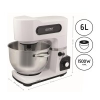 TZS First Austria Professionelle K&uuml;chenmaschine | Teigknetmaschine | 1500 W, 6 L Beh&auml;lter, Edelstahlsch&uuml;ssel mit Griff, 6 Geschwindigkeitsstufen, mit Quirl, Knethaken und Schneebesen, wei&szlig;