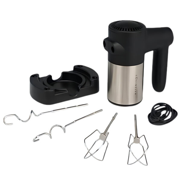 CUCINELLA Akku-Handr&uuml;hrger&auml;t | 7 Leistungsstufen | Akkubetrieben | Per USB aufladbar | Inkl. R&uuml;hrhaken und Knethaken | Silber/Schwarz