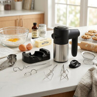 CUCINELLA Akku-Handr&uuml;hrger&auml;t | 7 Leistungsstufen | Akkubetrieben | Per USB aufladbar | Inkl. R&uuml;hrhaken und Knethaken | Silber/Schwarz