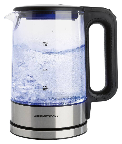GOURMETmaxx Glas-Wasserkocher LED 1,7l 2200W Edelstahl/schwarz kabellos